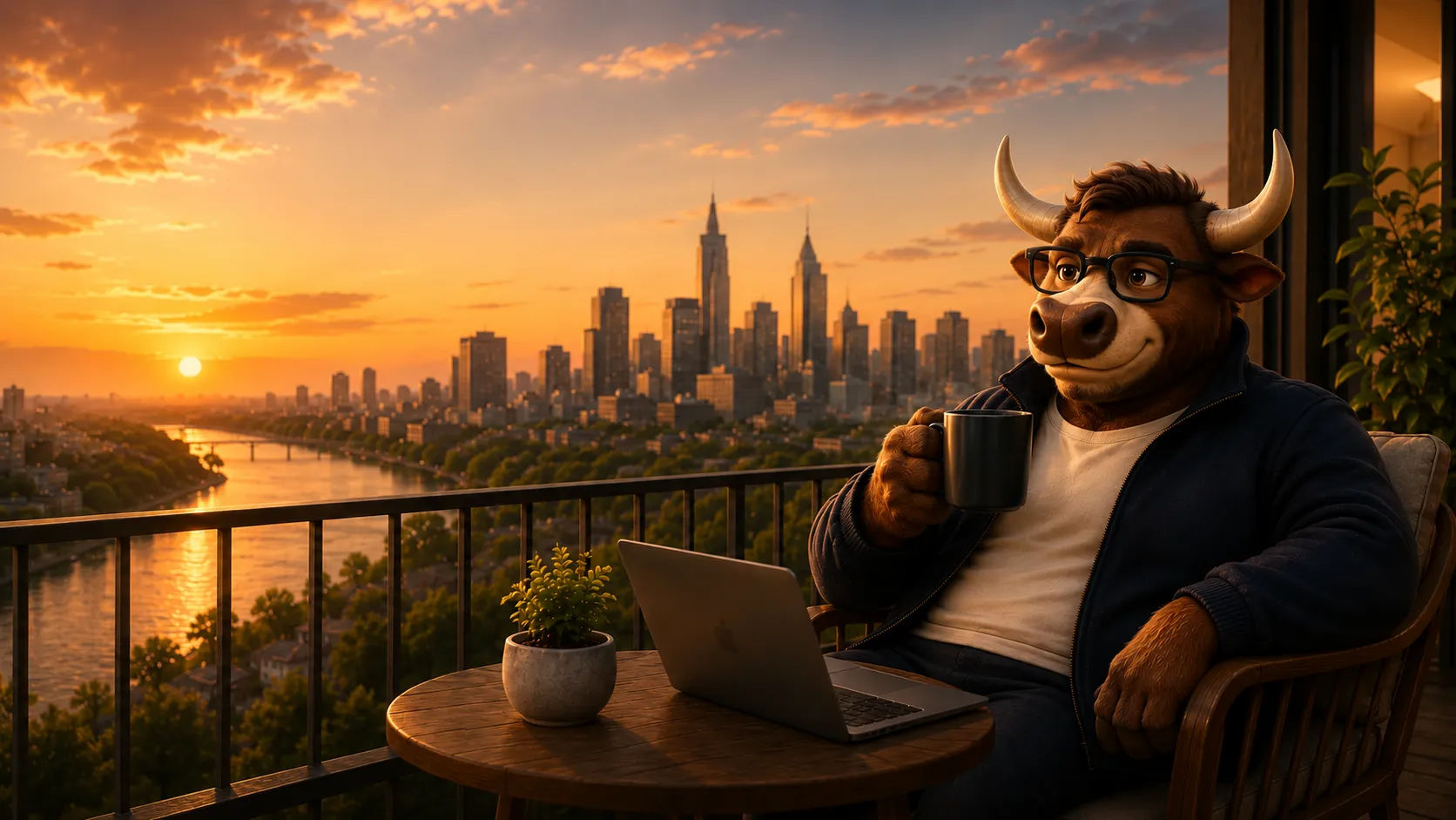 Victor Bull on a city balcony at sunrise, coffee in hand